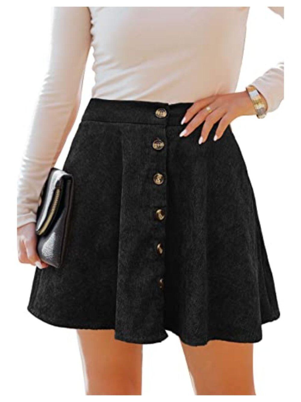 Corduroy Button Front Skater Skirt High Elastic Waist A-Line Pleated Mini with